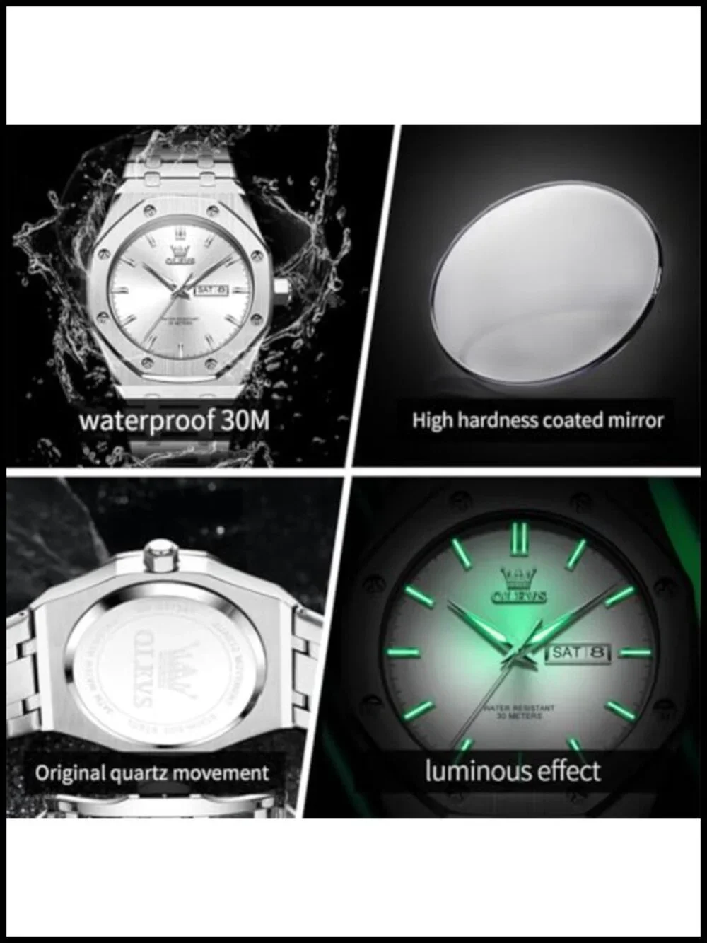 Mens Large Stainless Steel Analog Quartz Watch Waterproof Business